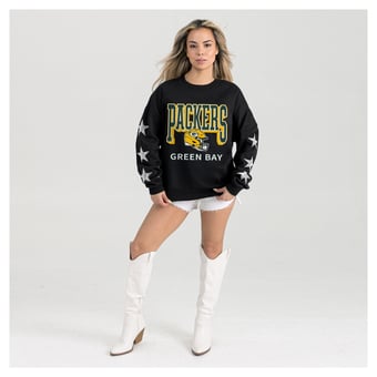 Women's Gameday Couture  Black Green Bay Packers Pure Victory Rhinestud Star-Sleeve Pullover Sweatshirt