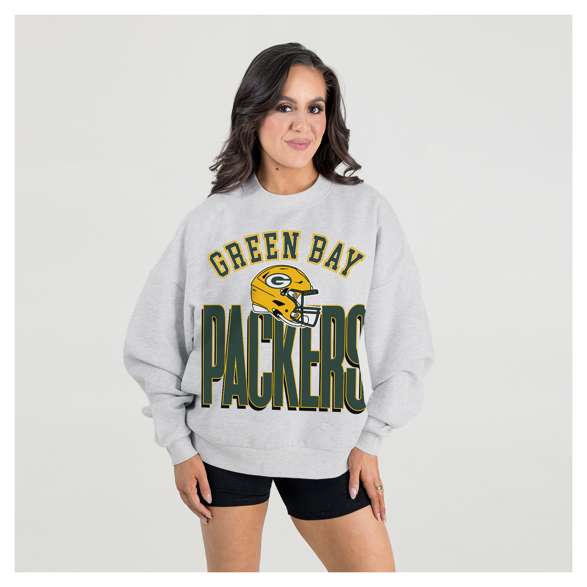 Women's Gameday Couture Ash Green Bay Packers Fierce Focus Premium Oversized Fleece Pullover Sweatshirt