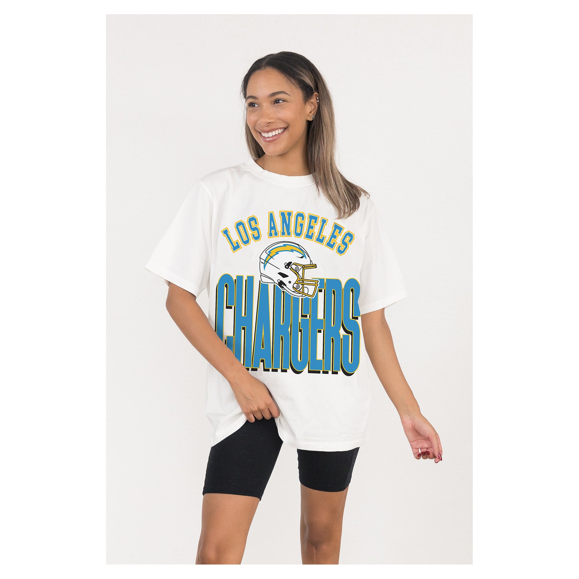Women's Gameday Couture  White Los Angeles Chargers Oversized Classic Fierce Focus T-Shirt