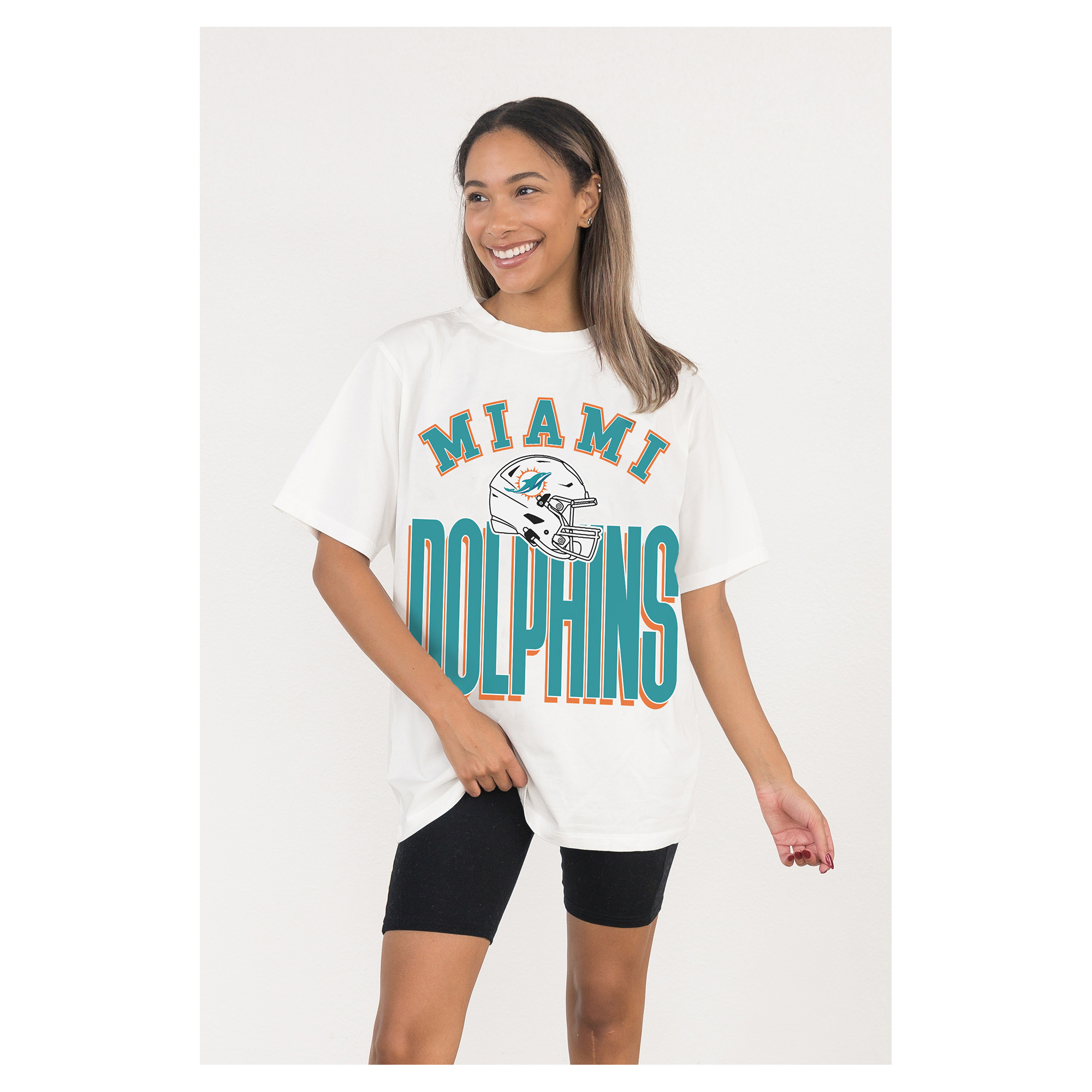 Women's Gameday Couture White Miami Dolphins Oversized Classic Fierce Focus T-Shirt