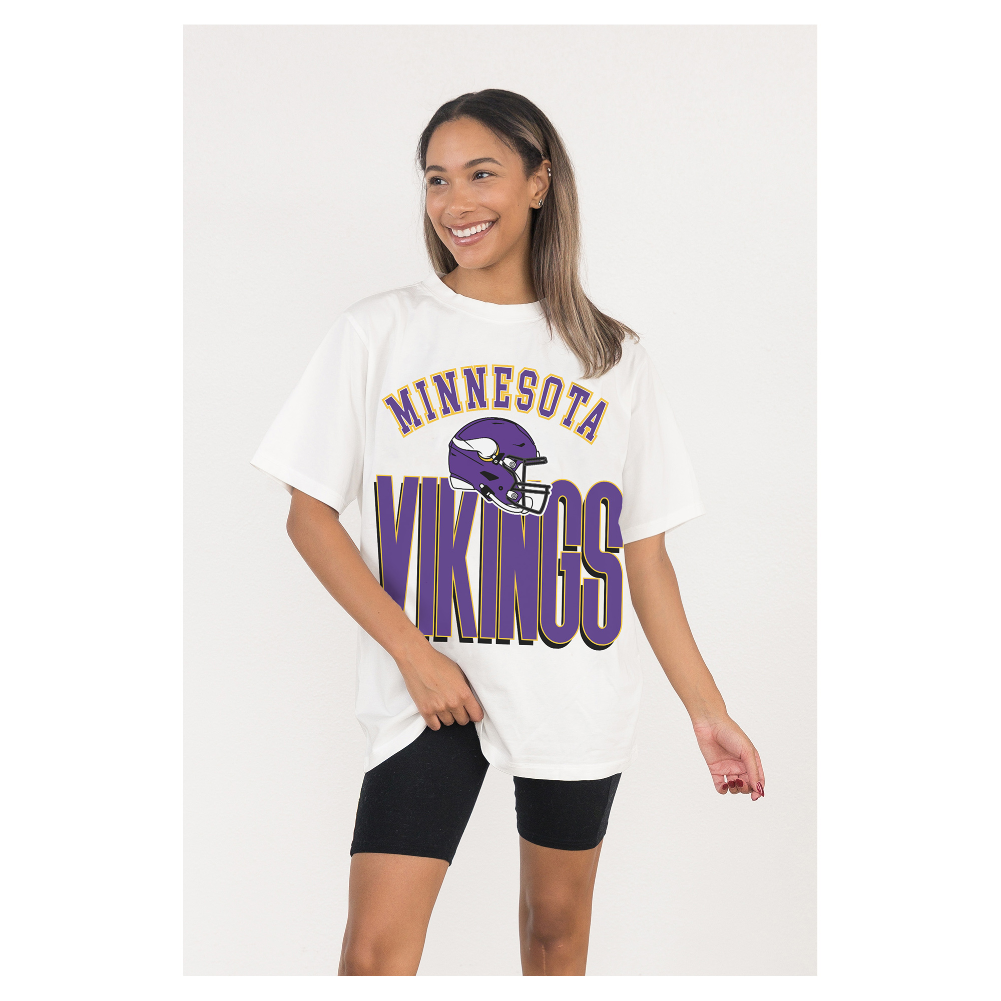 Women's Gameday Couture White Minnesota Vikings Oversized Classic Fierce Focus T-Shirt
