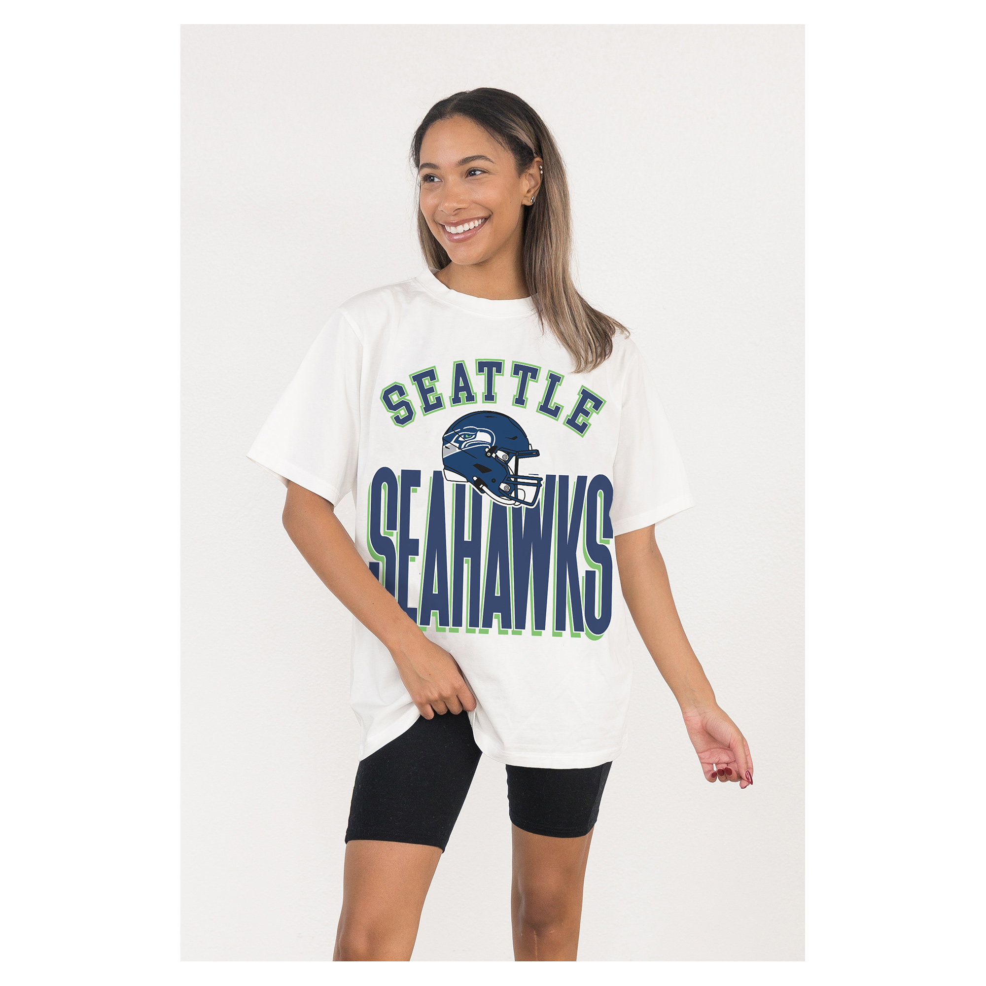 Women's Gameday Couture White Seattle Seahawks Oversized Classic Fierce Focus T-Shirt
