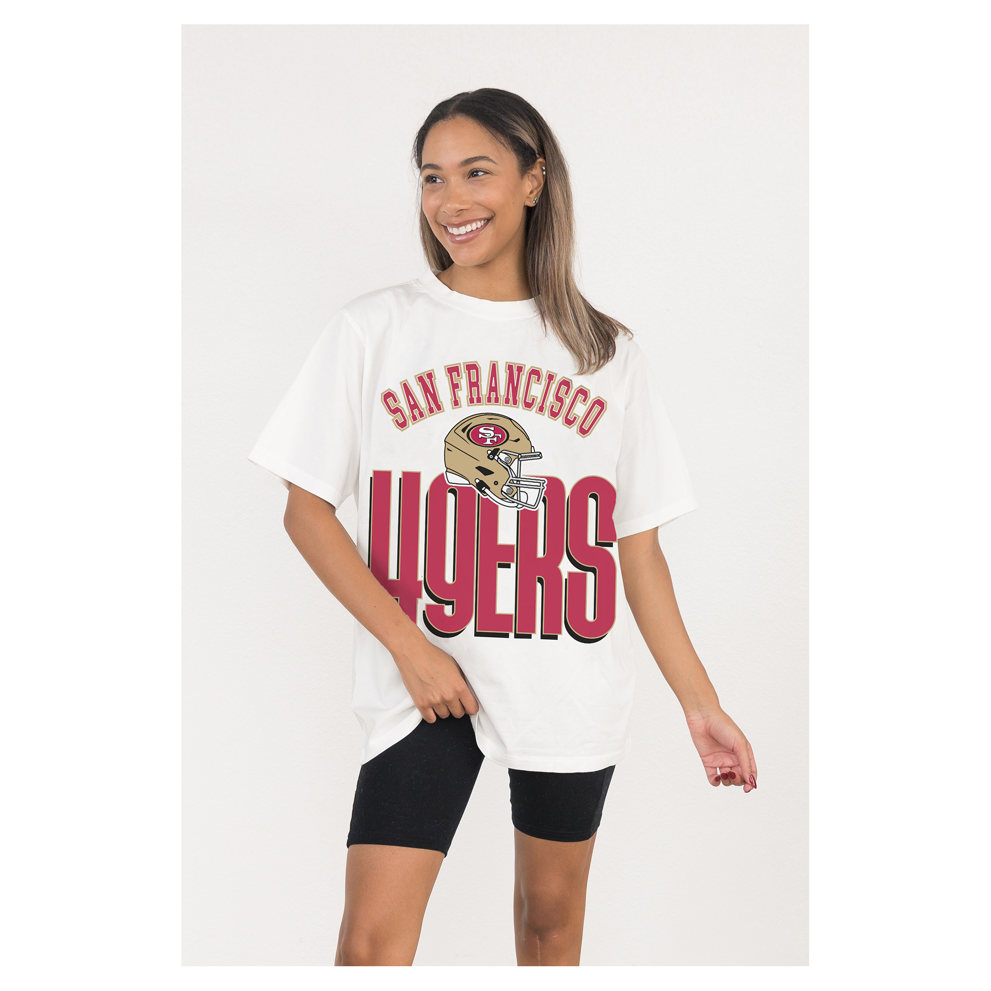 Women's Gameday Couture White San Francisco 49ers Oversized Classic Fierce Focus T-Shirt