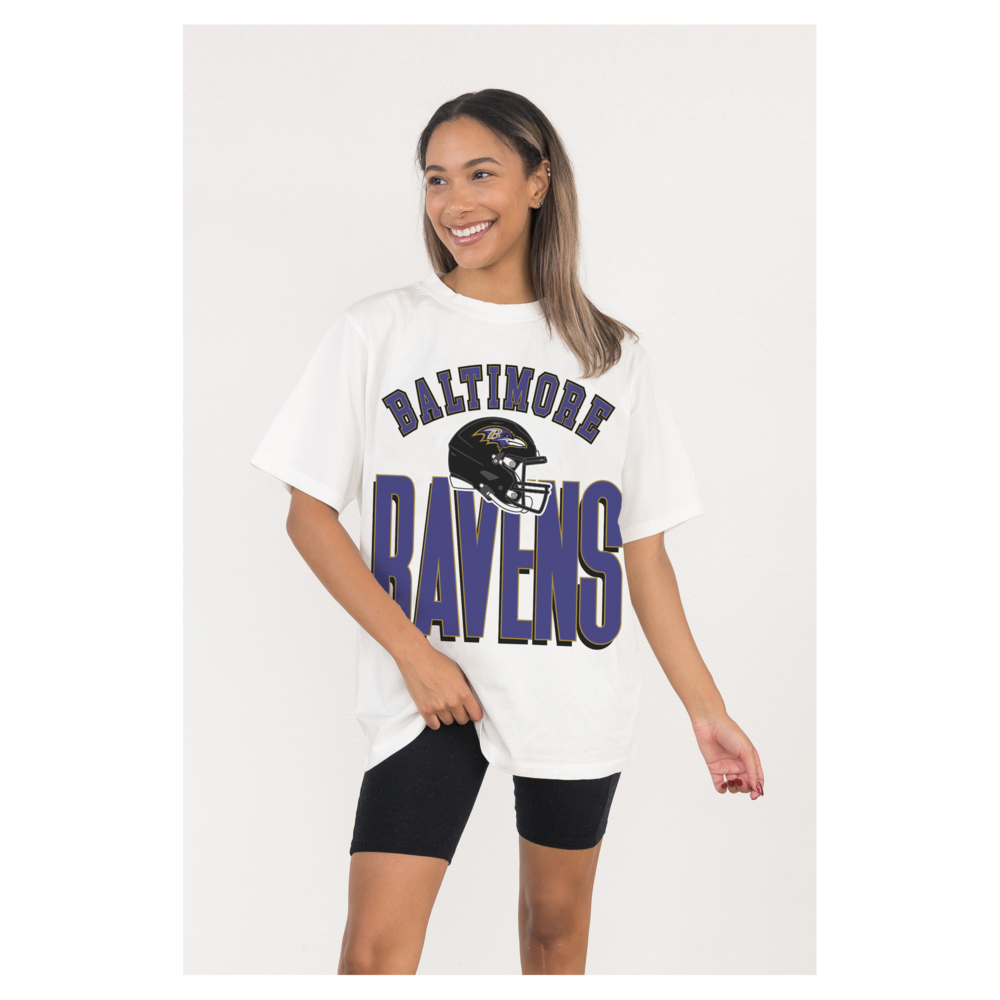 Women's Gameday Couture White Baltimore Ravens Oversized Classic Fierce Focus T-Shirt