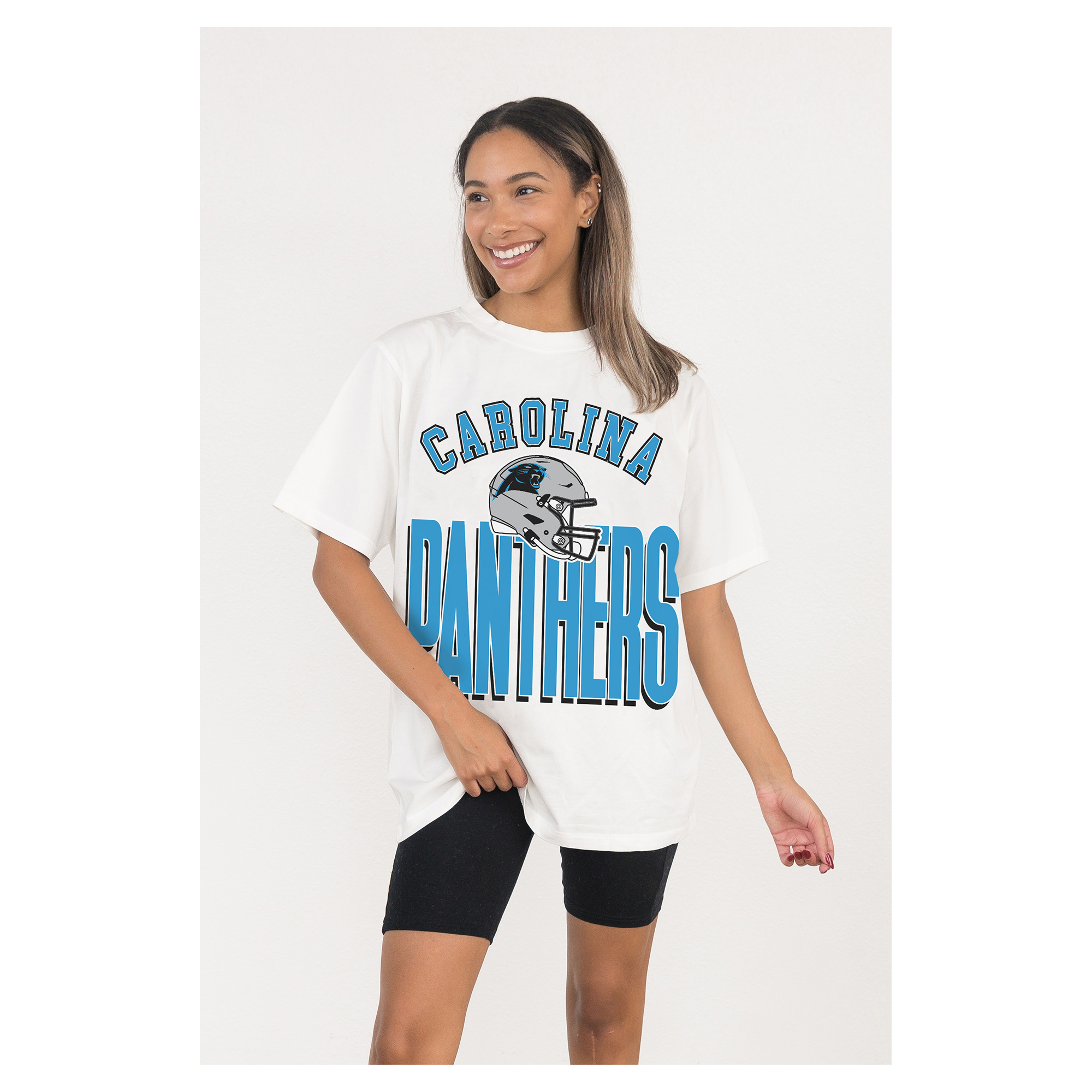Women's Gameday Couture White Carolina Panthers Oversized Classic Fierce Focus T-Shirt