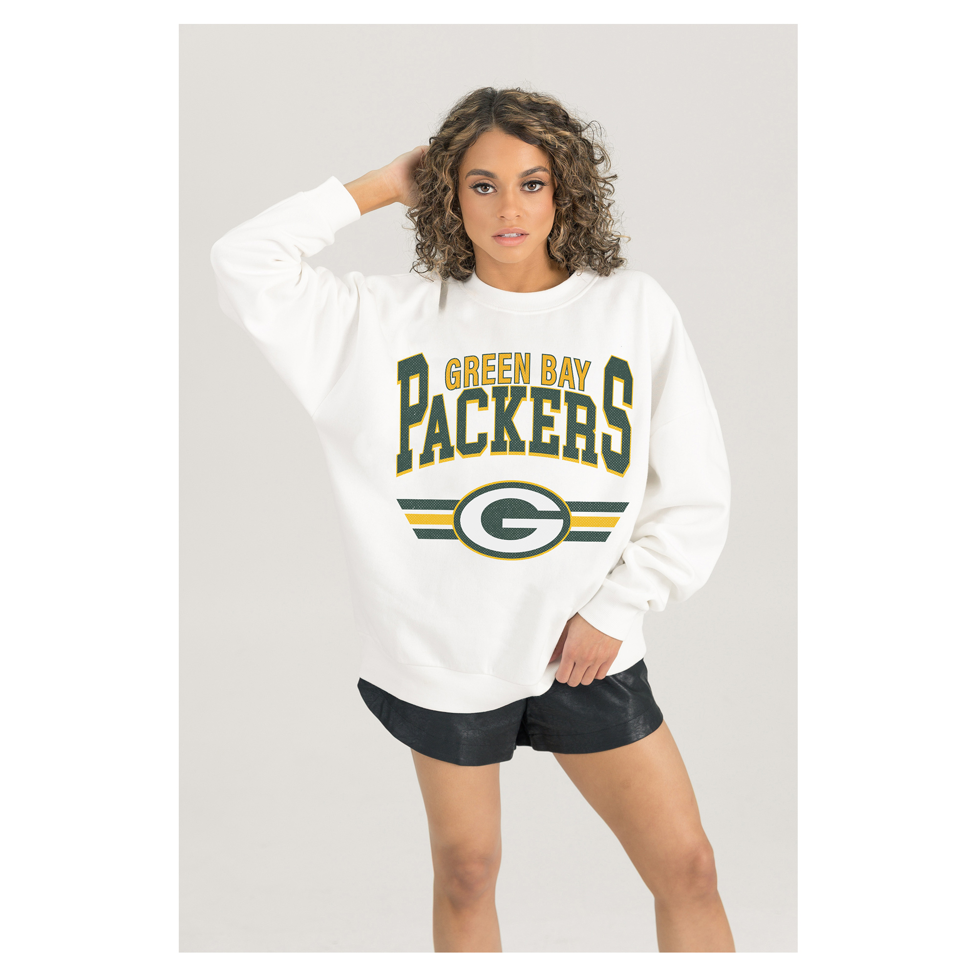 Women's Gameday Couture White Green Bay Packers Swift Strike Premium Oversized Fleece Pullover Sweatshirt