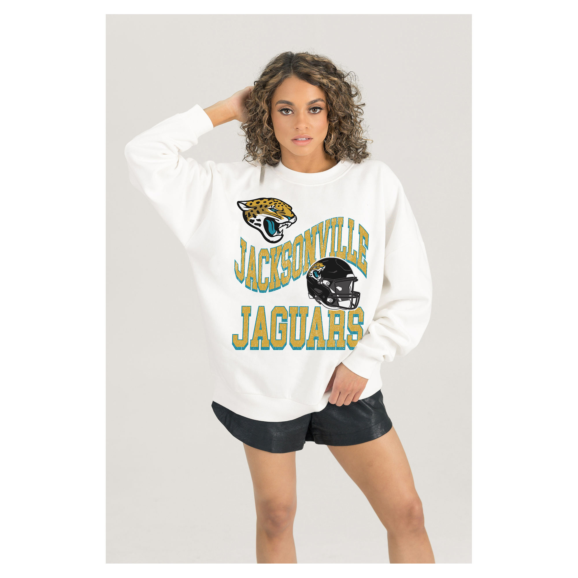 Women's Gameday Couture White Jacksonville Jaguars Oversized Hard Earned Premium Fleece Pullover Sweatshirt