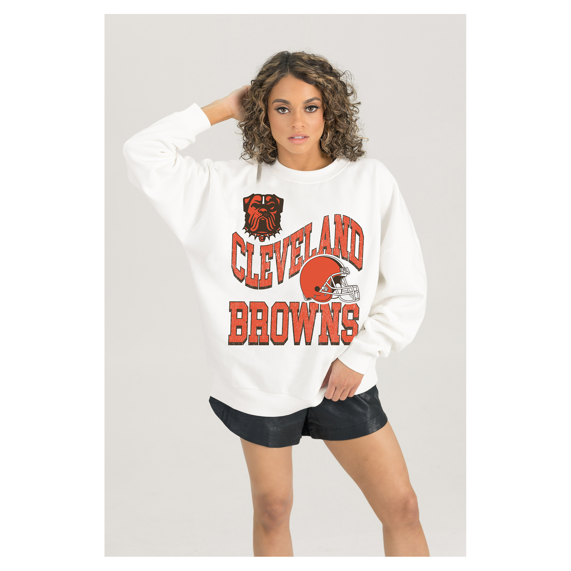 Women's Gameday Couture White Cleveland Browns Oversized Hard Earned Premium Fleece Pullover Sweatshirt