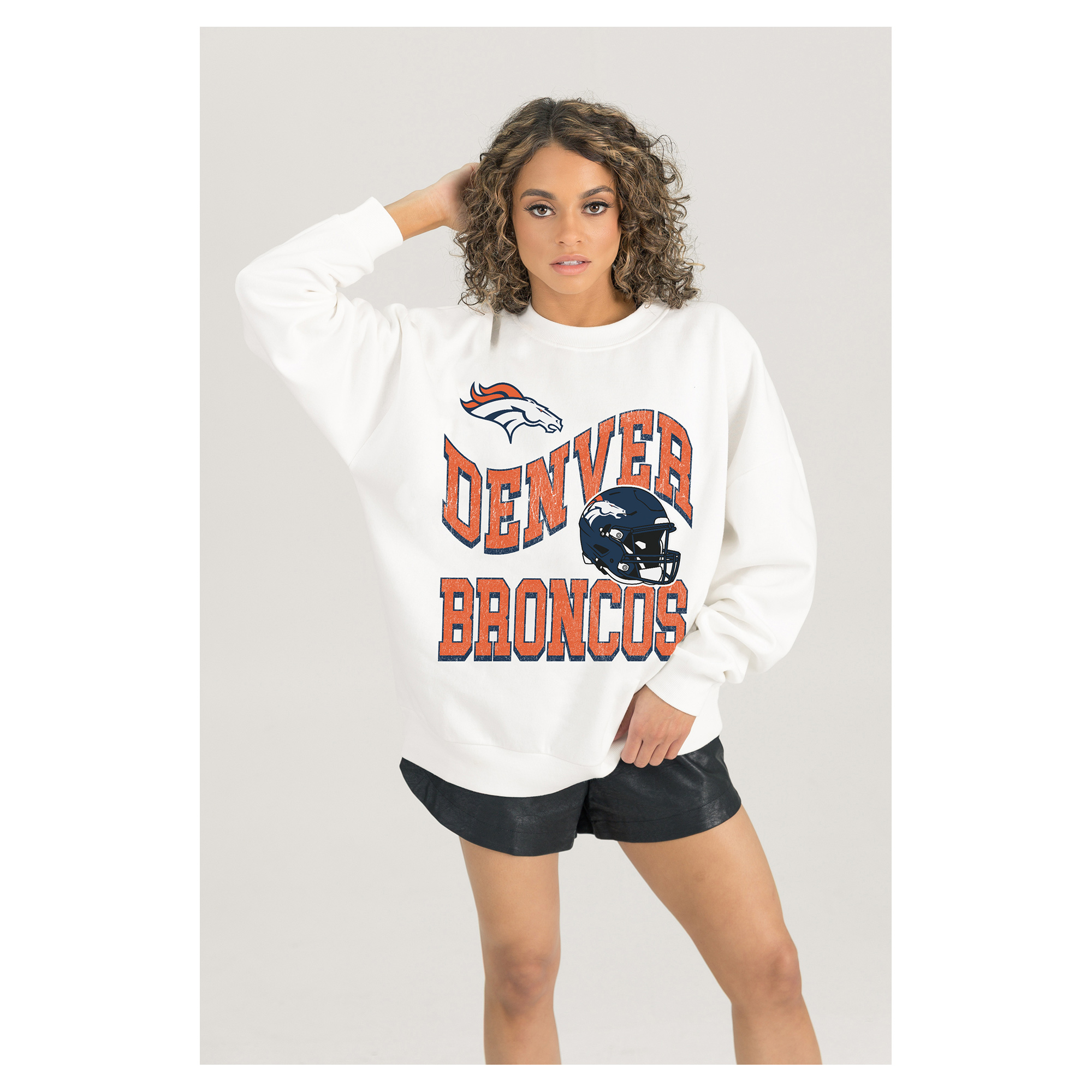 Women's Gameday Couture White Denver Broncos Oversized Hard Earned Premium Fleece Pullover Sweatshirt