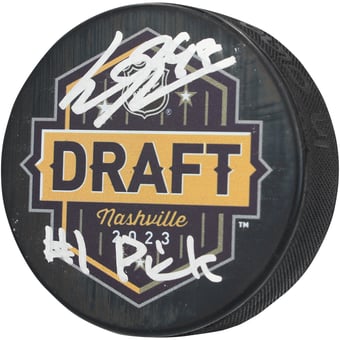 Connor Bedard Chicago Blackhawks Autographed 2023 NHL Draft Hockey Puck with "#1 Pick" Inscription