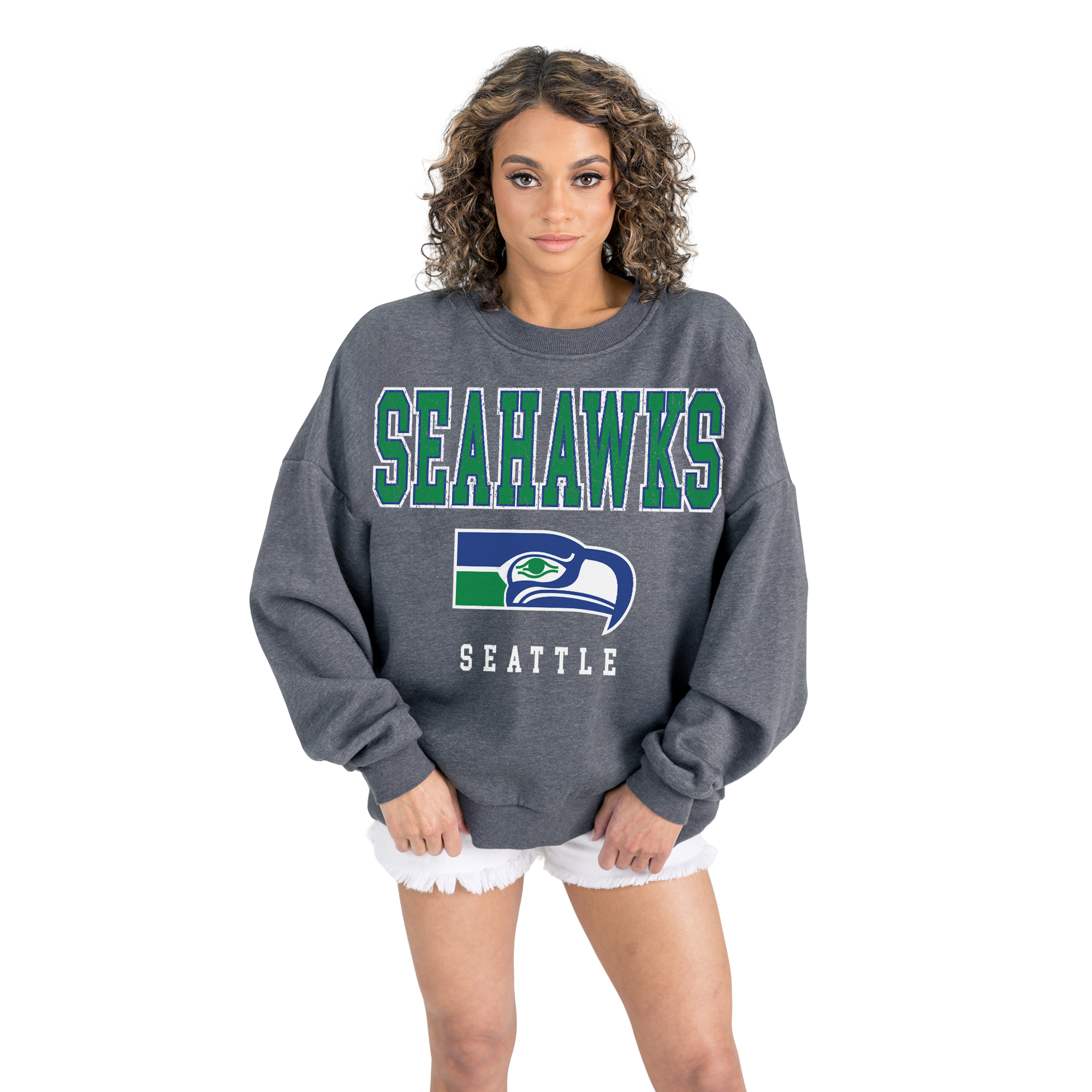 Women's Gameday Couture Charcoal Seattle Seahawks Bring Your Energy Oversized Premium Fleece Pullover Sweatshirt