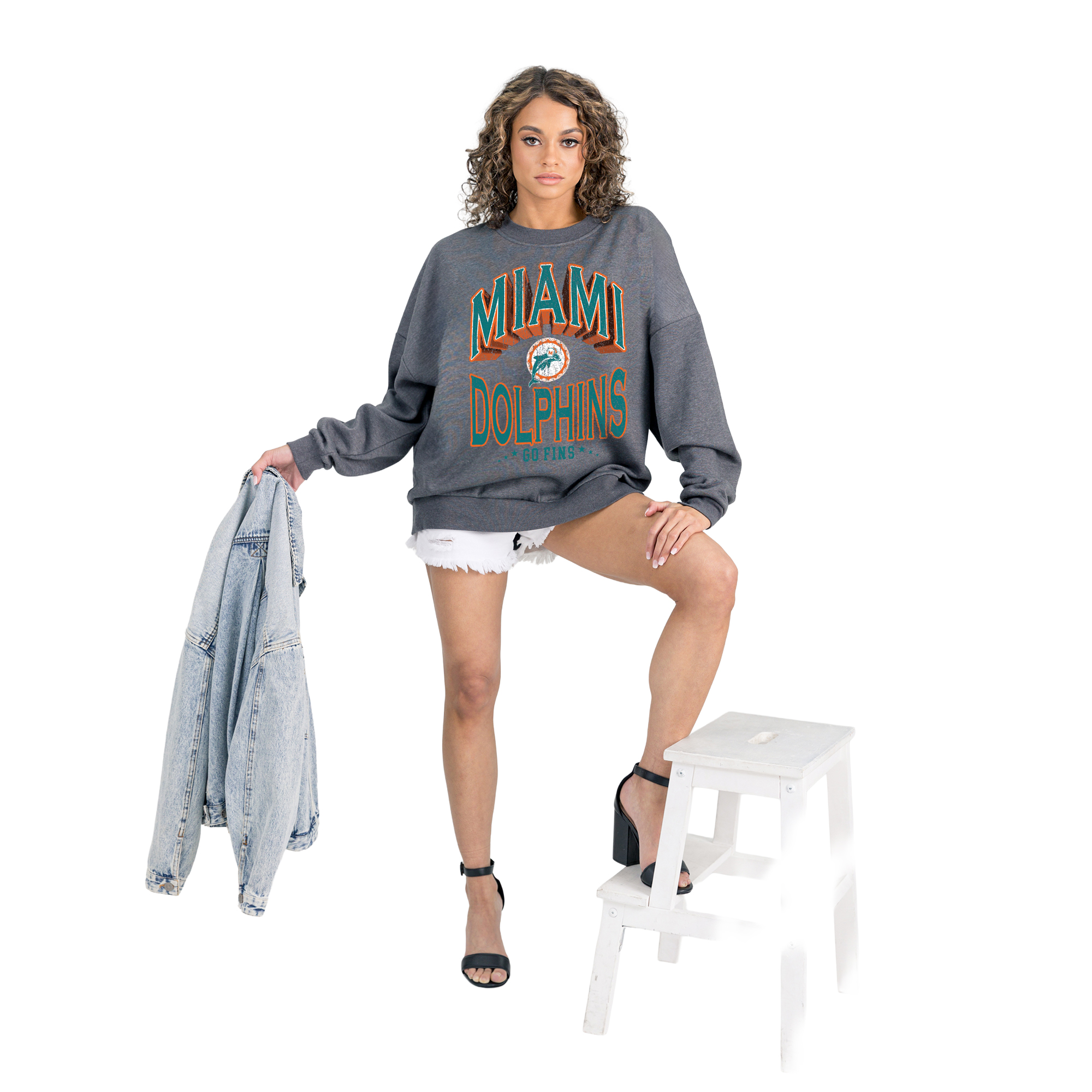 Women's Gameday Couture Charcoal Miami Dolphins Long Weekends Oversized Premium Fleece Pullover Sweatshirt