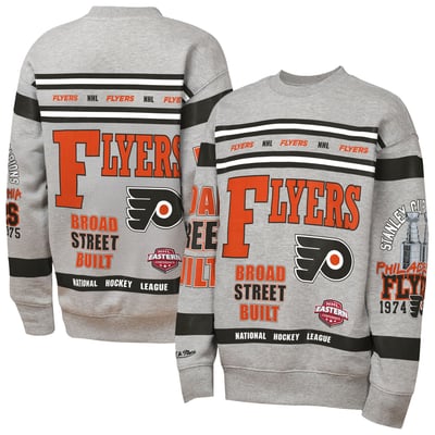 Youth Mitchell & Ness Heather Gray Philadelphia Flyers Allover Print Fleece Crewneck Sweatshirt