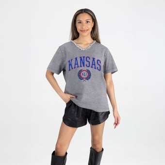 Women's Gameday Couture Gray Kansas Jayhawks Iconic Edge Rhinestone V-Neck T-Shirt