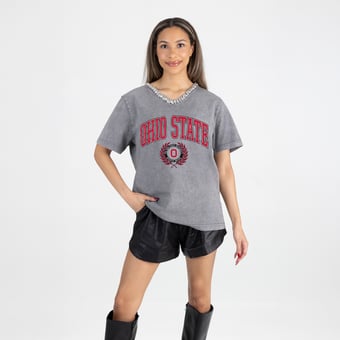 Women's Gameday Couture Gray Ohio State Buckeyes Iconic Edge Rhinestone V-Neck T-Shirt