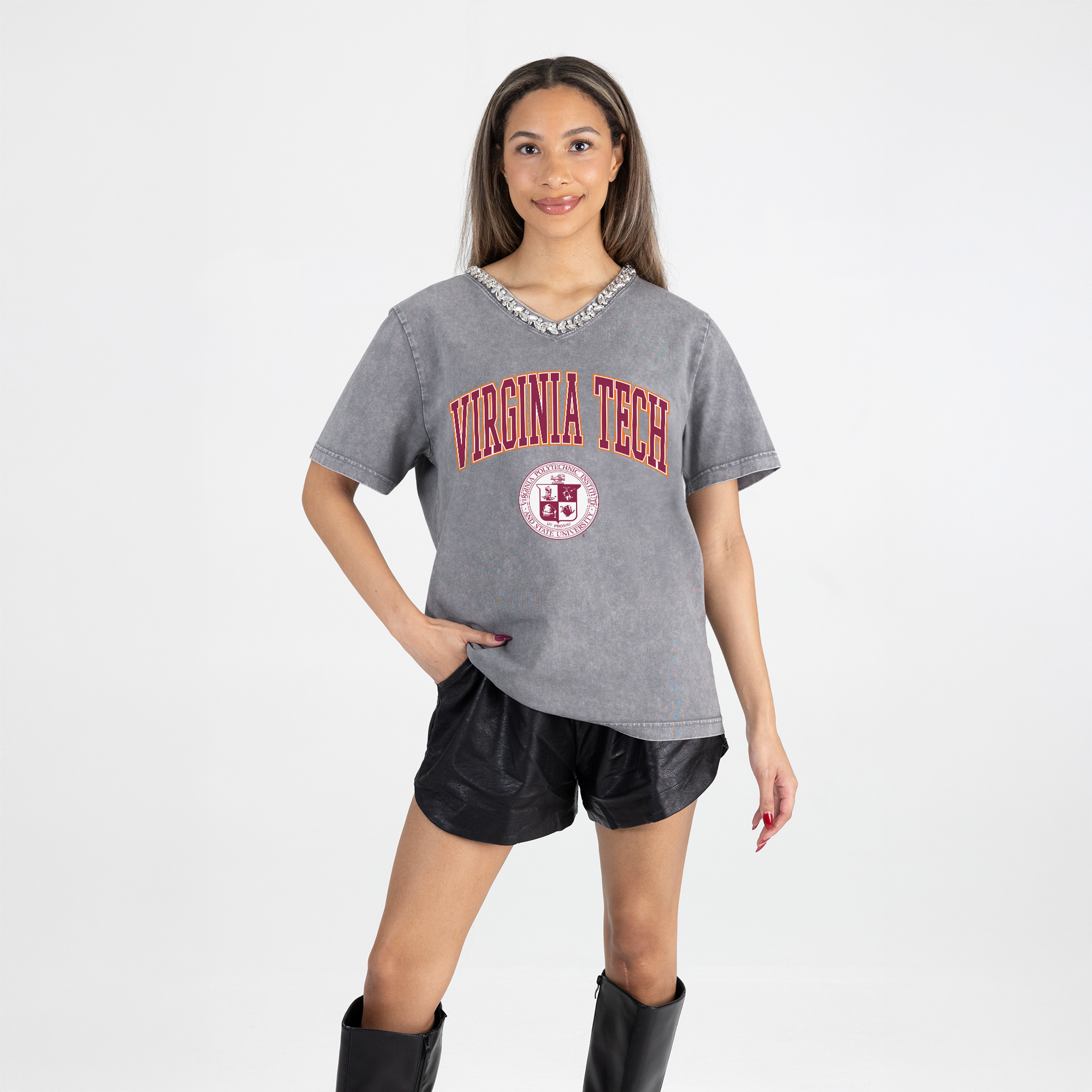 Women’s Gameday Couture Gray Virginia Tech Hokies Iconic Edge Rhinestone V-Neck T-Shirt Women’s Gameday Couture Gray Virginia Tech Hokies Iconic Edge Rhinestone V-Neck T-Shirt