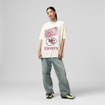Women's Mitchell & Ness  Cream Kansas City Chiefs Logo Rise Boyfriend T-Shirt