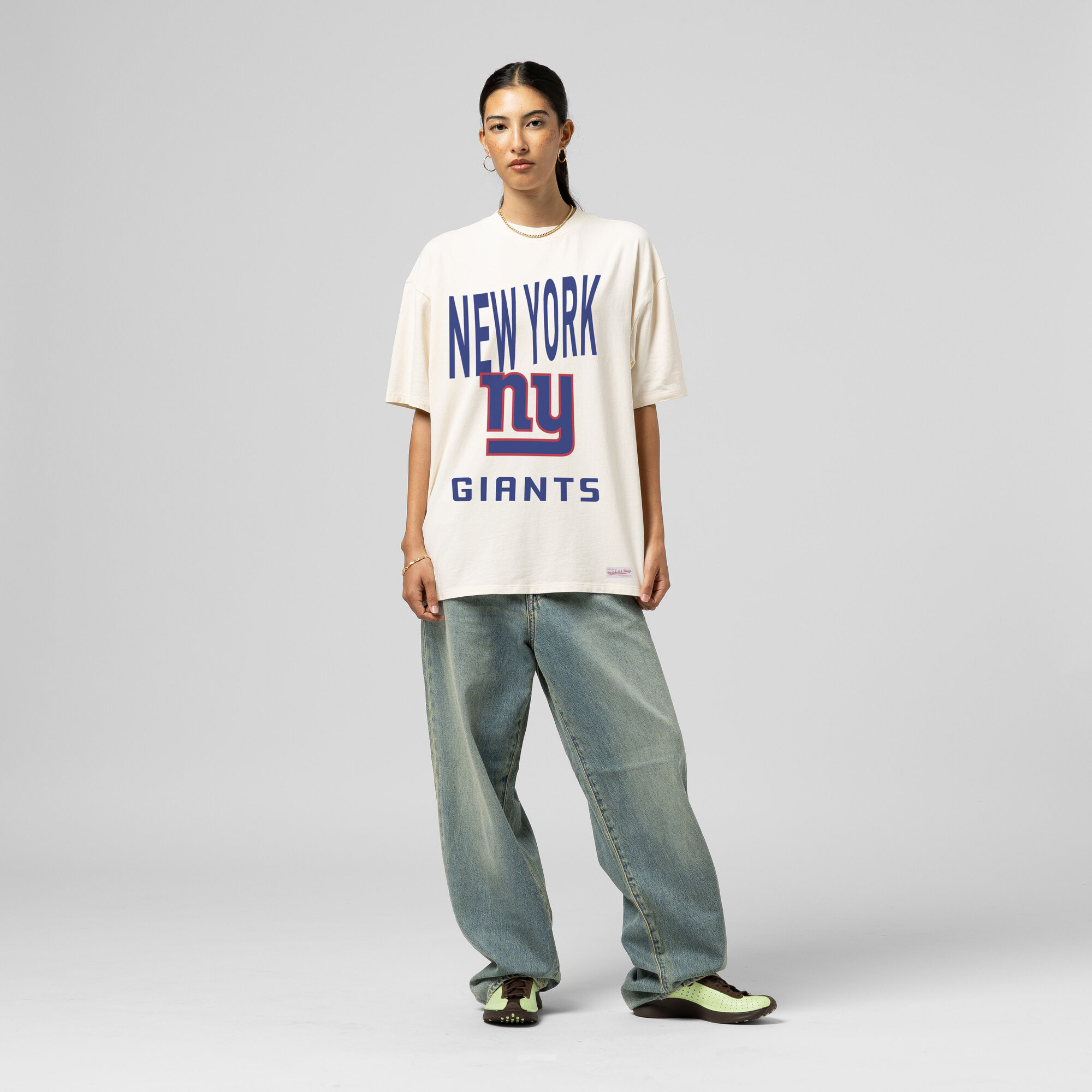 Women's Mitchell & Ness Cream New York Giants Logo Rise Boyfriend T-Shirt