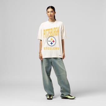Women's Mitchell & Ness  Cream Pittsburgh Steelers Logo Rise Boyfriend T-Shirt