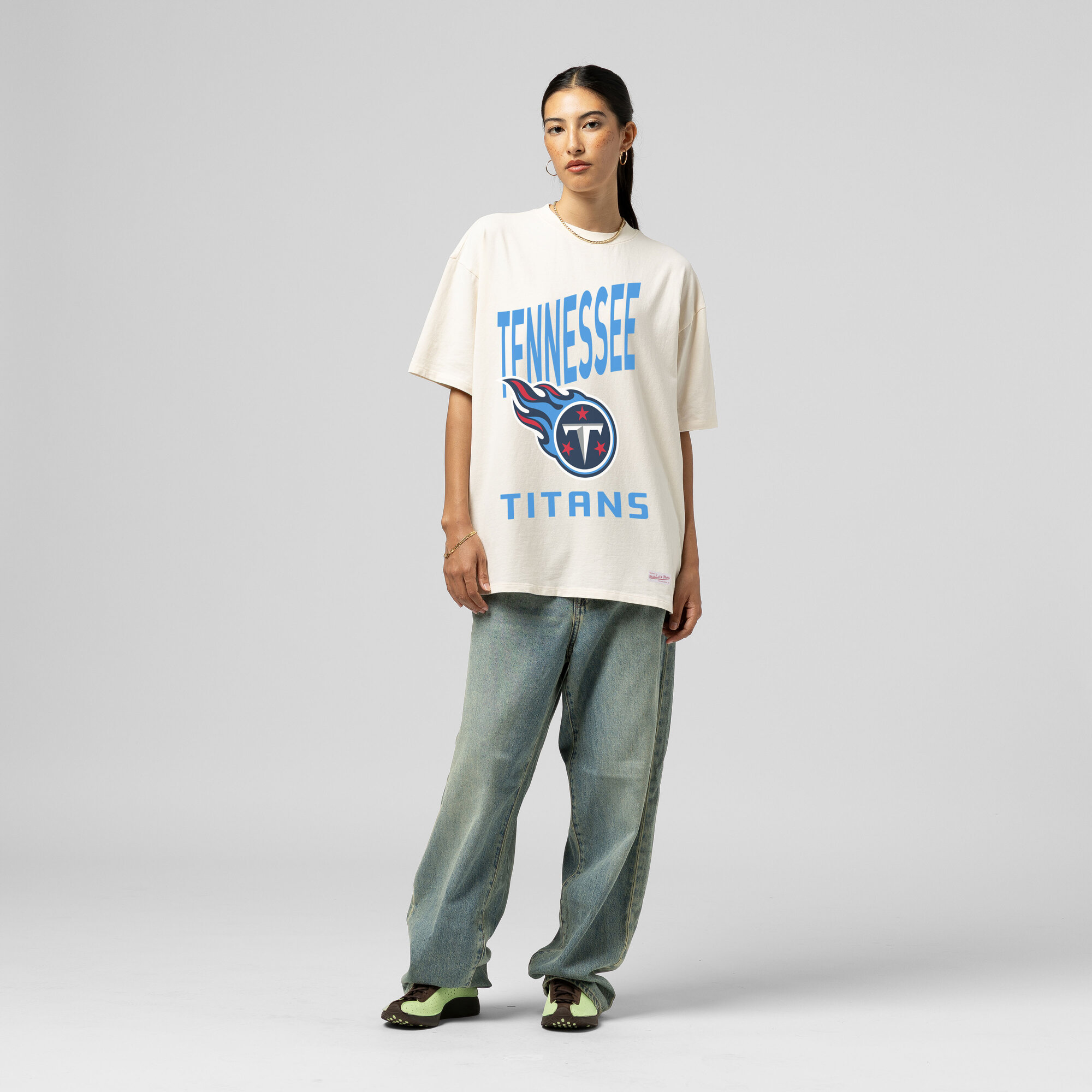 Women's Mitchell & Ness Cream Tennessee Titans Logo Rise Boyfriend T-Shirt