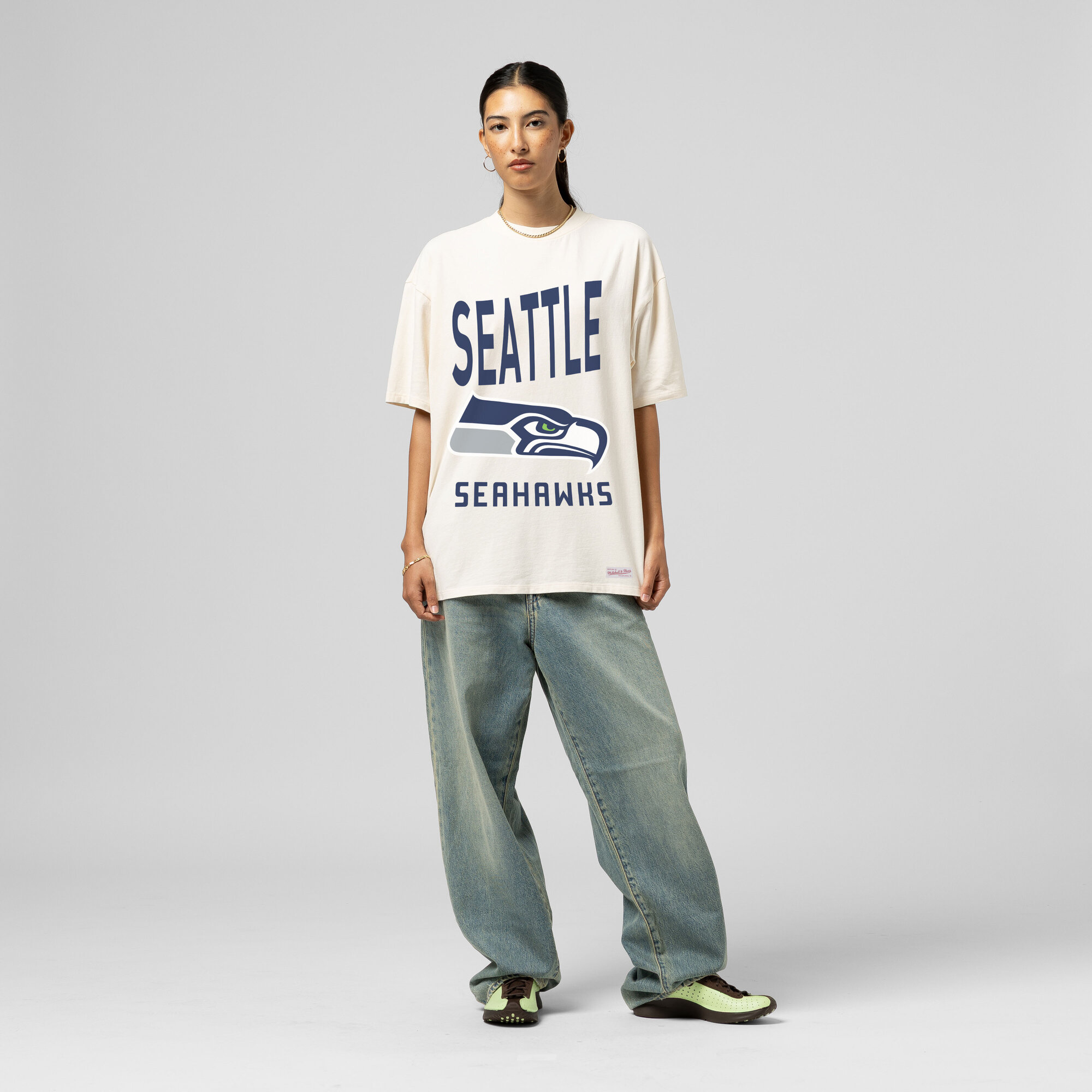 Women's Mitchell & Ness Cream Seattle Seahawks Logo Rise Boyfriend T-Shirt
