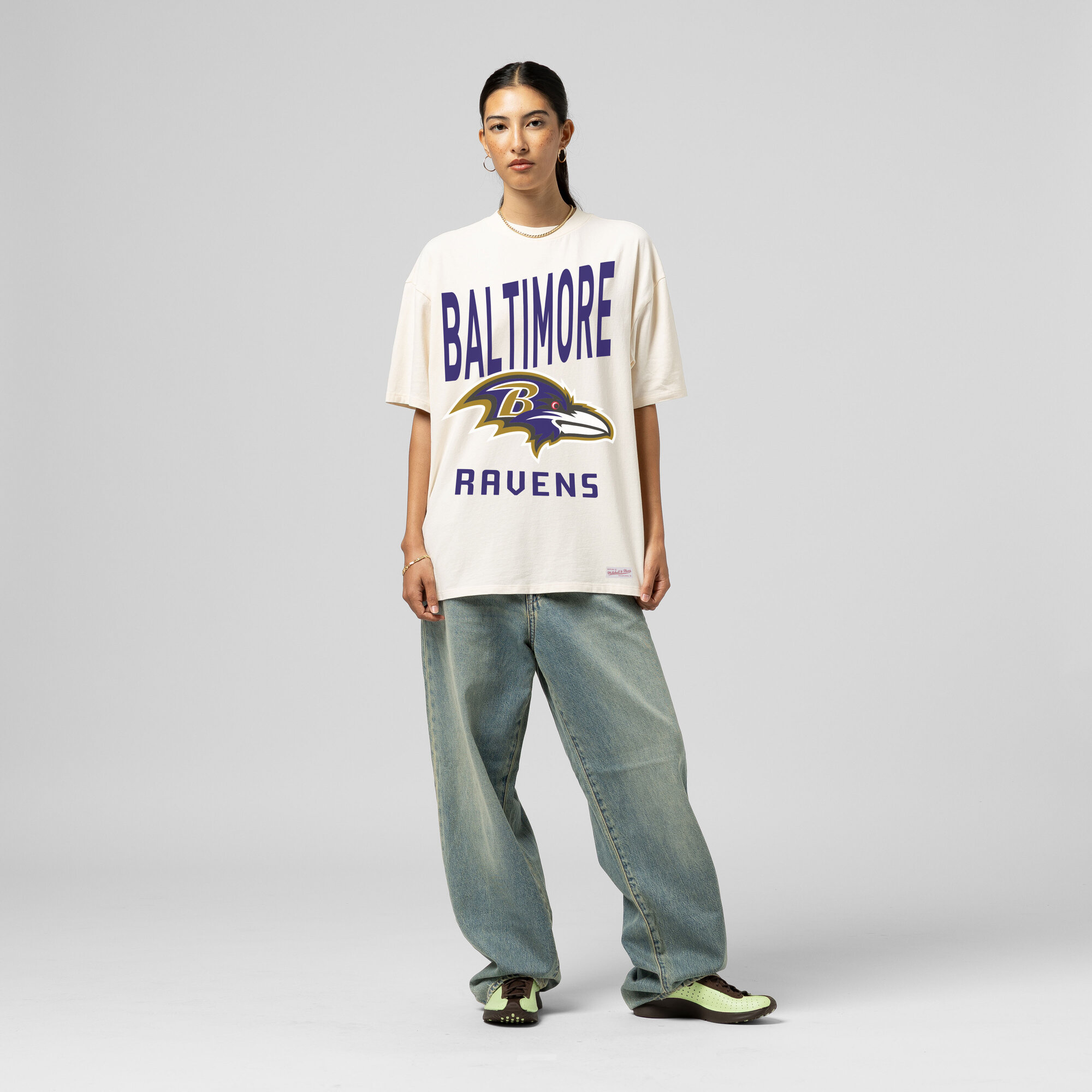 Mitchell & Ness Women's Cream Baltimore Ravens Logo Rise Boyfriend T-Shirt - Cream