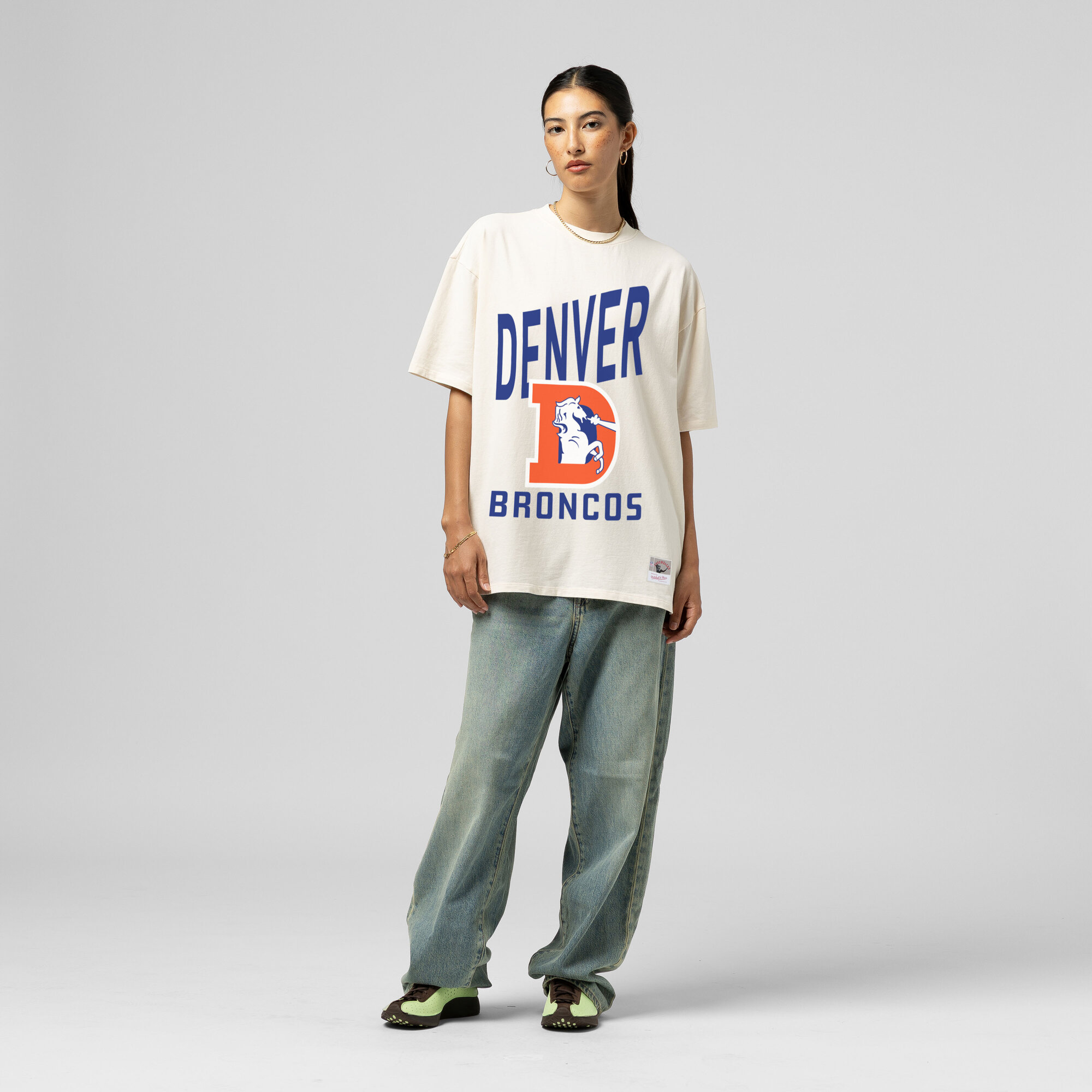 Women's Mitchell & Ness Cream Denver Broncos Logo Rise Boyfriend T-Shirt
