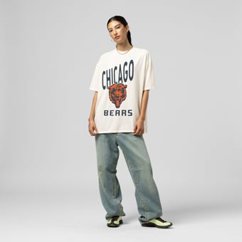 Women's Mitchell & Ness  Cream Chicago Bears Logo Rise Boyfriend T-Shirt