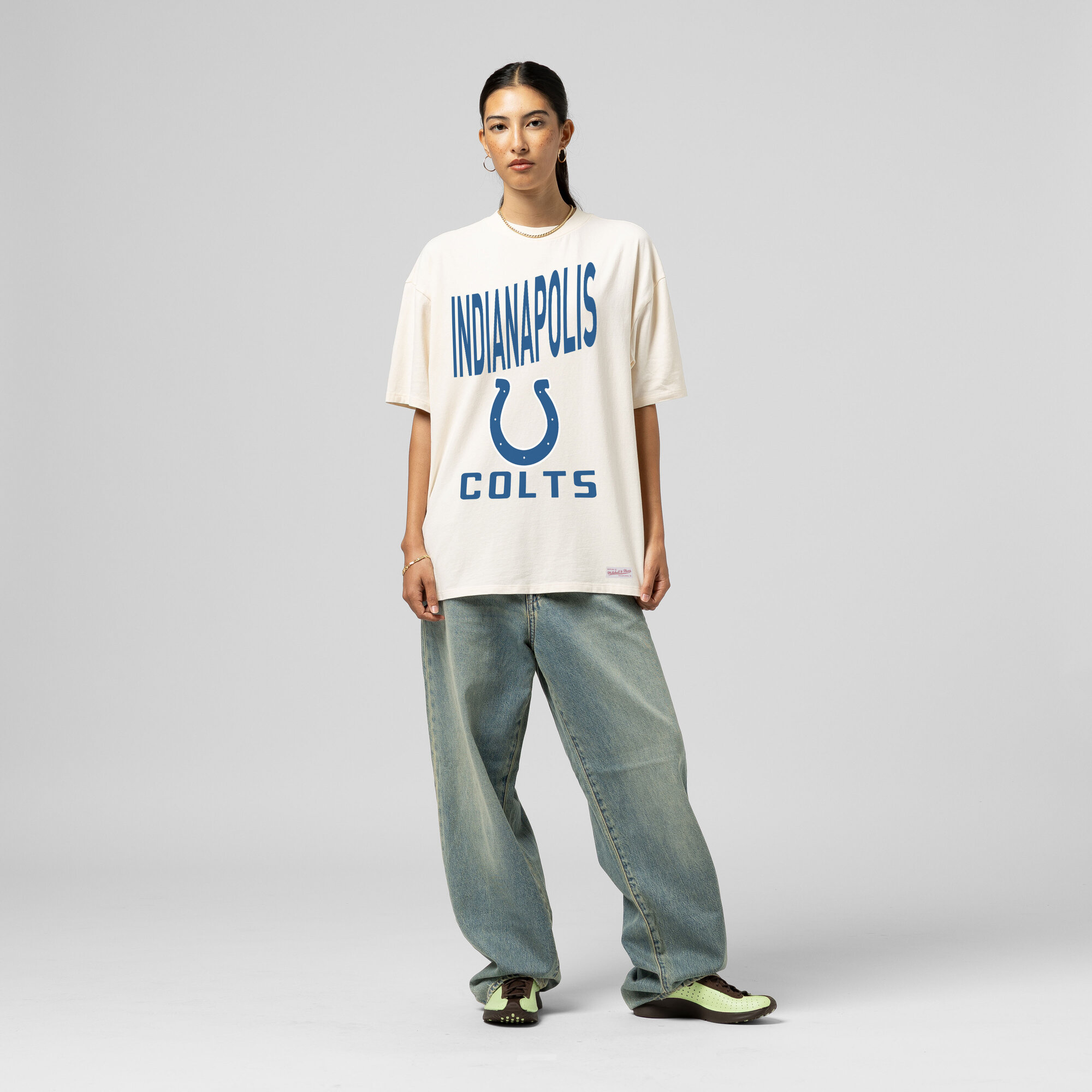 Women's Mitchell & Ness Cream Indianapolis Colts Logo Rise Boyfriend T-Shirt