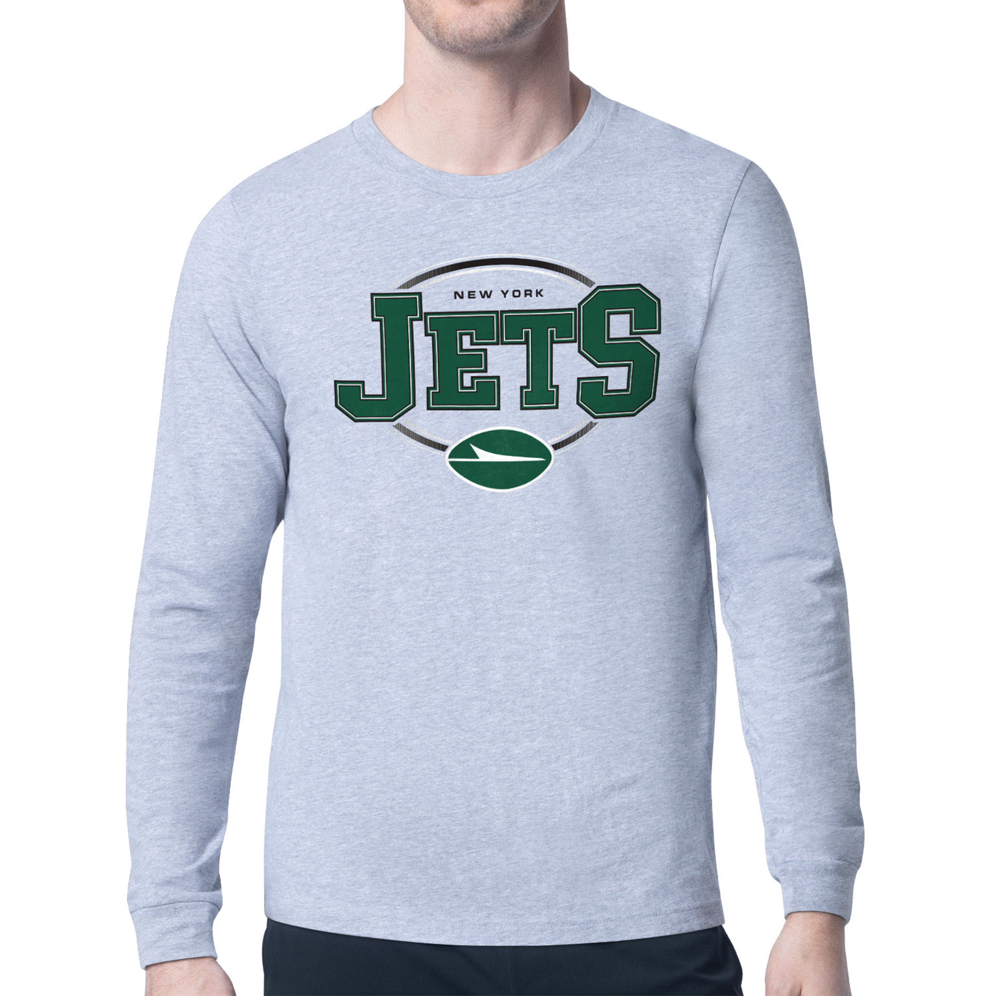 Men's Starter Heather Gray New York Jets Team Track Graphic Long Sleeve T-Shirt
