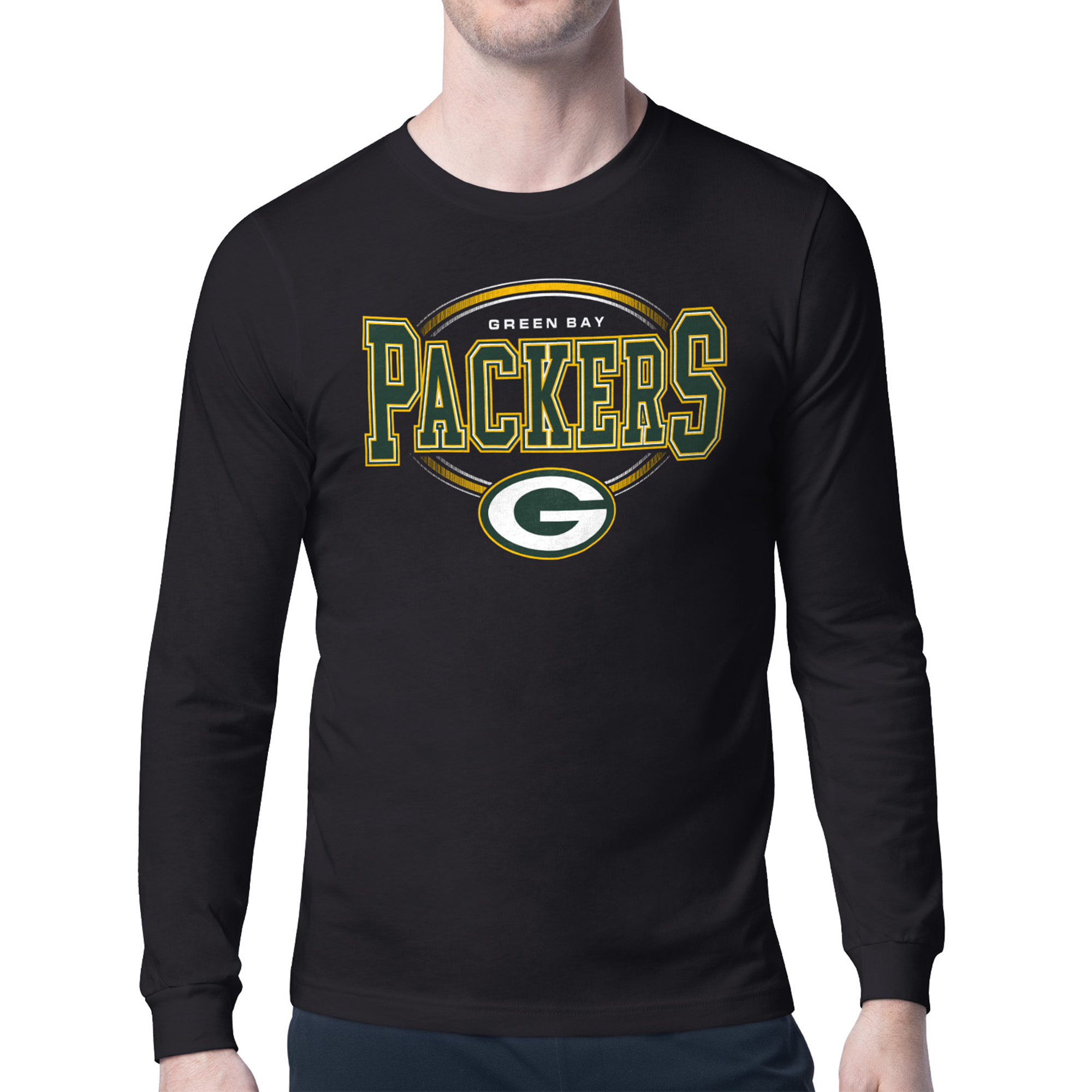 Men's Starter Black Green Bay Packers Team Track Graphic Long Sleeve T-Shirt