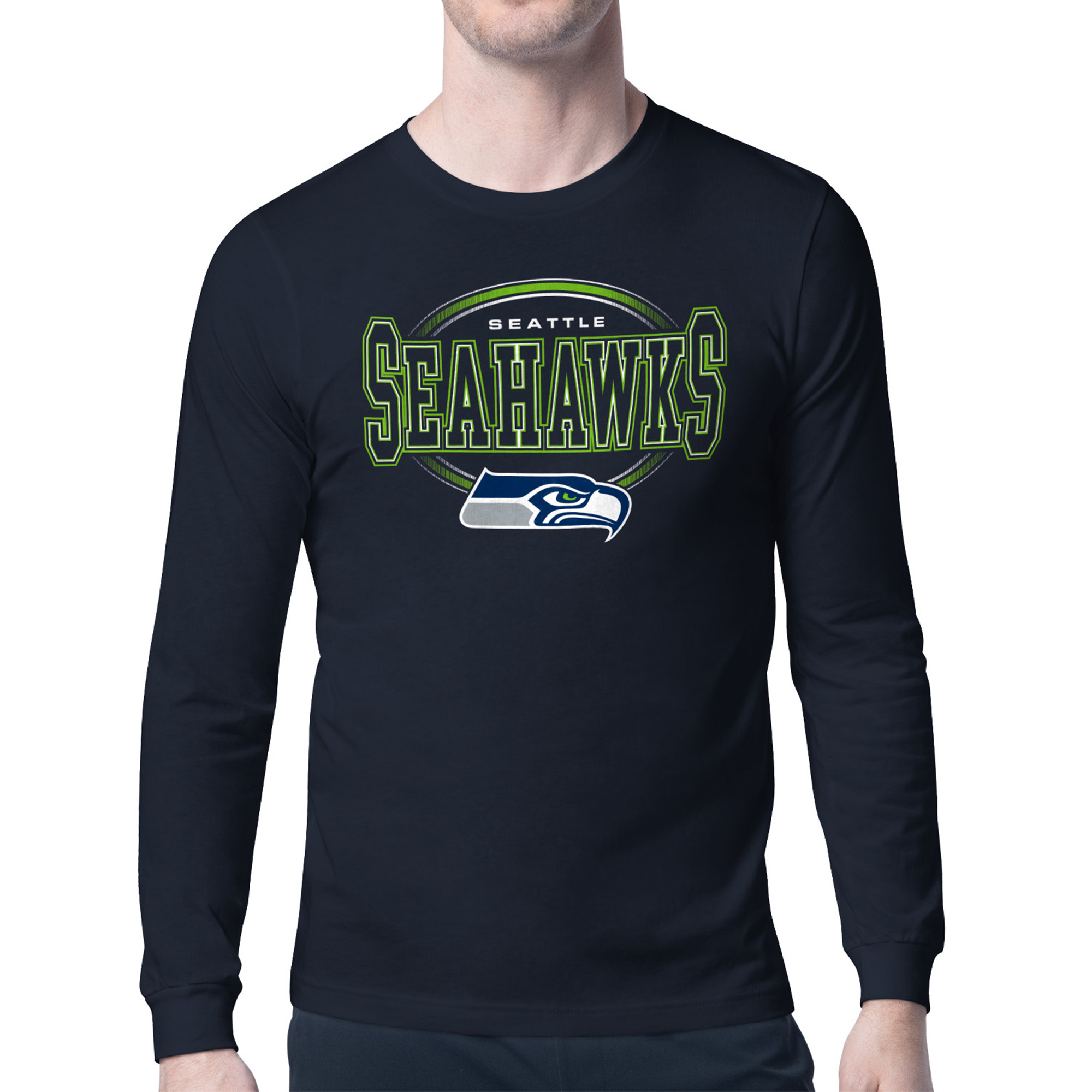 Men's Starter College Navy Seattle Seahawks Team Track Graphic Long Sleeve T-Shirt