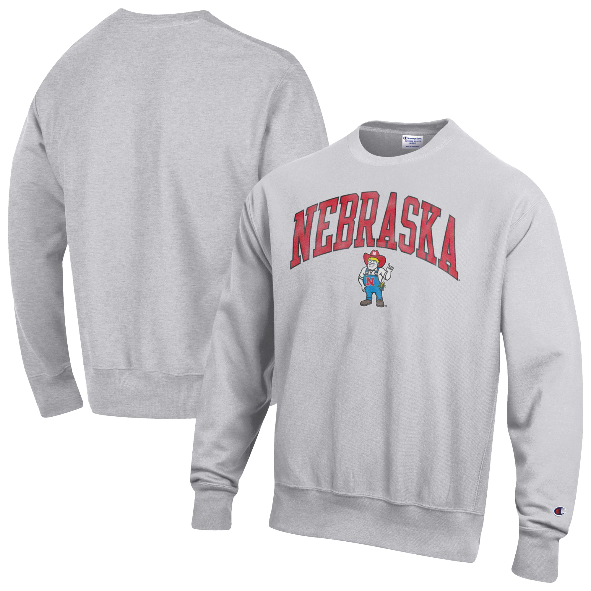 Men's Champion Gray Nebraska Huskers Distressed Arch Over Logo Reverse Weave Crew Neck Sweatshirt