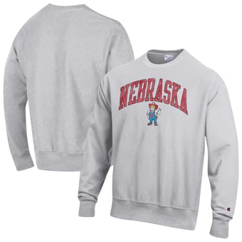 Men's Champion Gray Nebraska Huskers Distressed Arch Over Logo Reverse Weave Crew Neck Sweatshirt