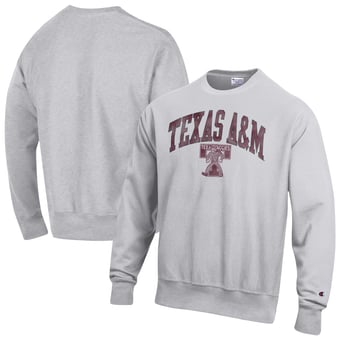 Men's Champion Gray Texas A&M Aggies Distressed Arch Over Logo Reverse Weave Crew Neck Sweatshirt