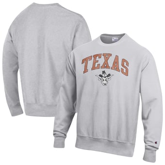 Men's Champion Gray Texas Longhorns Distressed Arch Over Logo Reverse Weave Crew Neck Sweatshirt