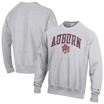 Men's Champion Gray Auburn Tigers Distressed Arch Over Logo Reverse Weave Crew Neck Sweatshirt