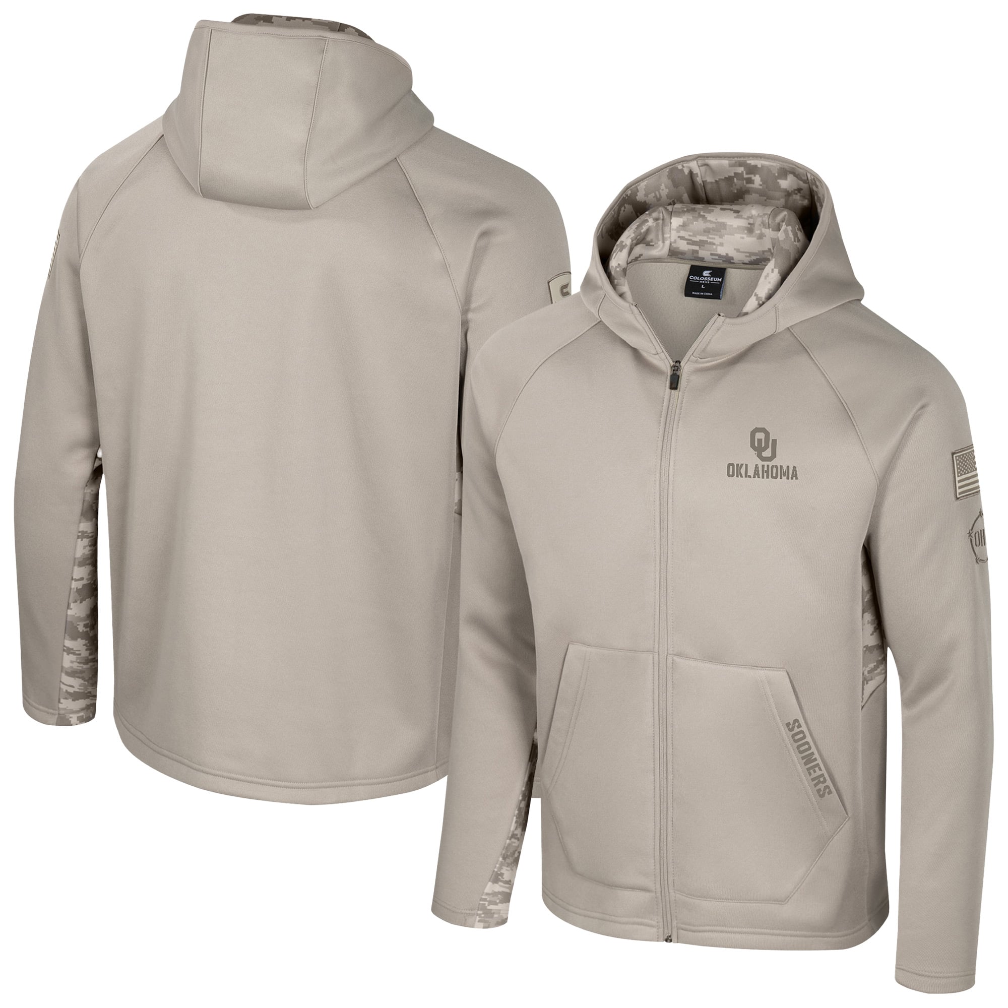 Men's Colosseum Oatmeal Oklahoma Sooners Operation Hat Trick Battalion Full-Zip Hoodie