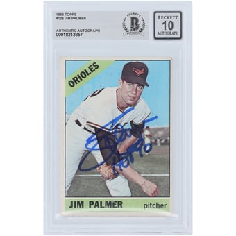 "Jim Palmer Baltimore Orioles Autographed 1966 Topps #126 Beckett Fanatics Witnessed Authenticated 10 Rookie Card with ""HOF 90"" Inscription"