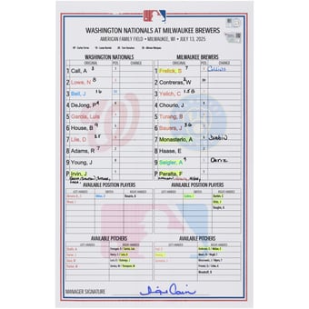 Washington Nationals Game-Used Lineup Card vs. Milwaukee Brewers on July 13, 2025
