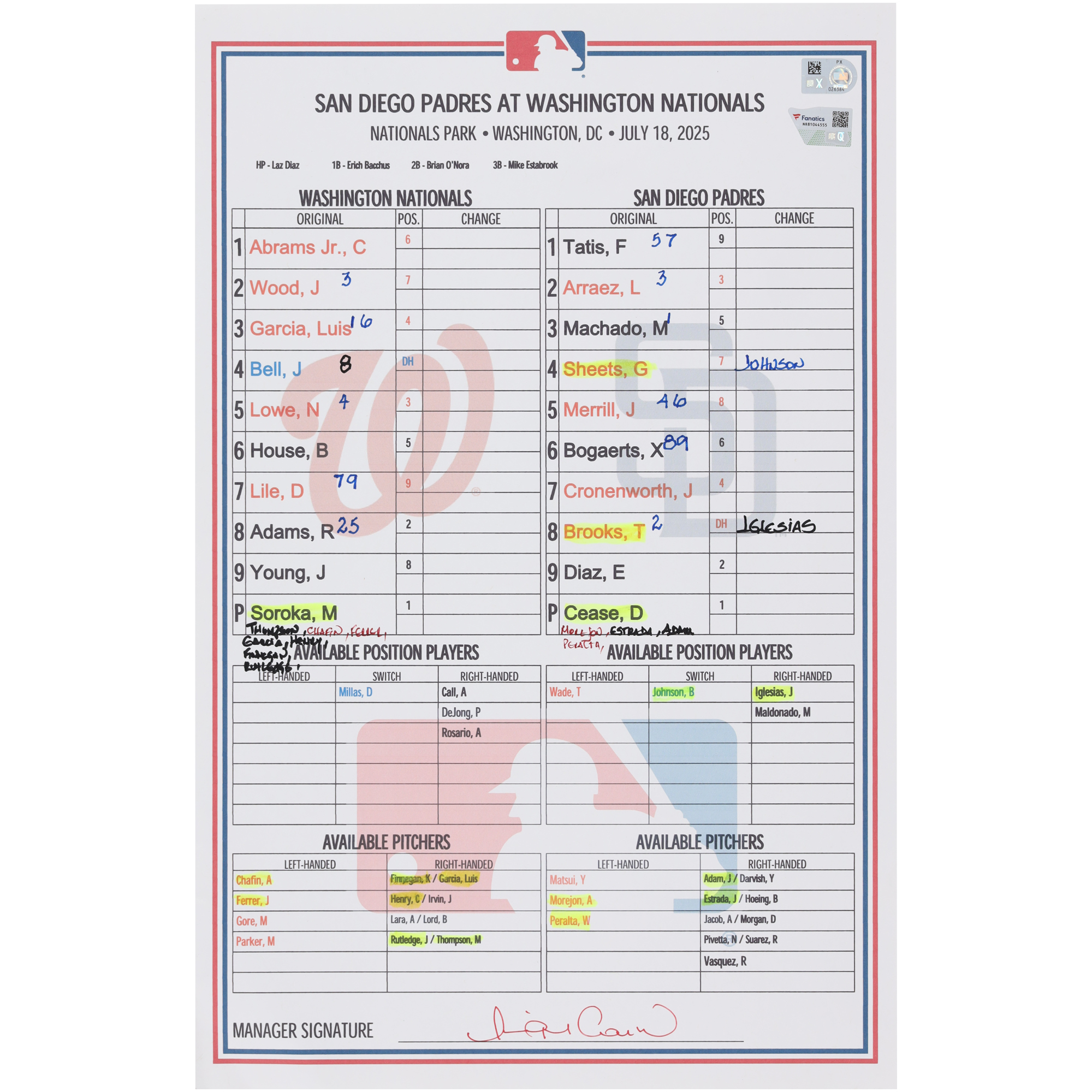 Washington Nationals Game-Used Lineup Card vs. San Diego Padres on July 18, 2025