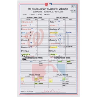 Washington Nationals Game-Used Lineup Card vs. San Diego Padres on July 18, 2025
