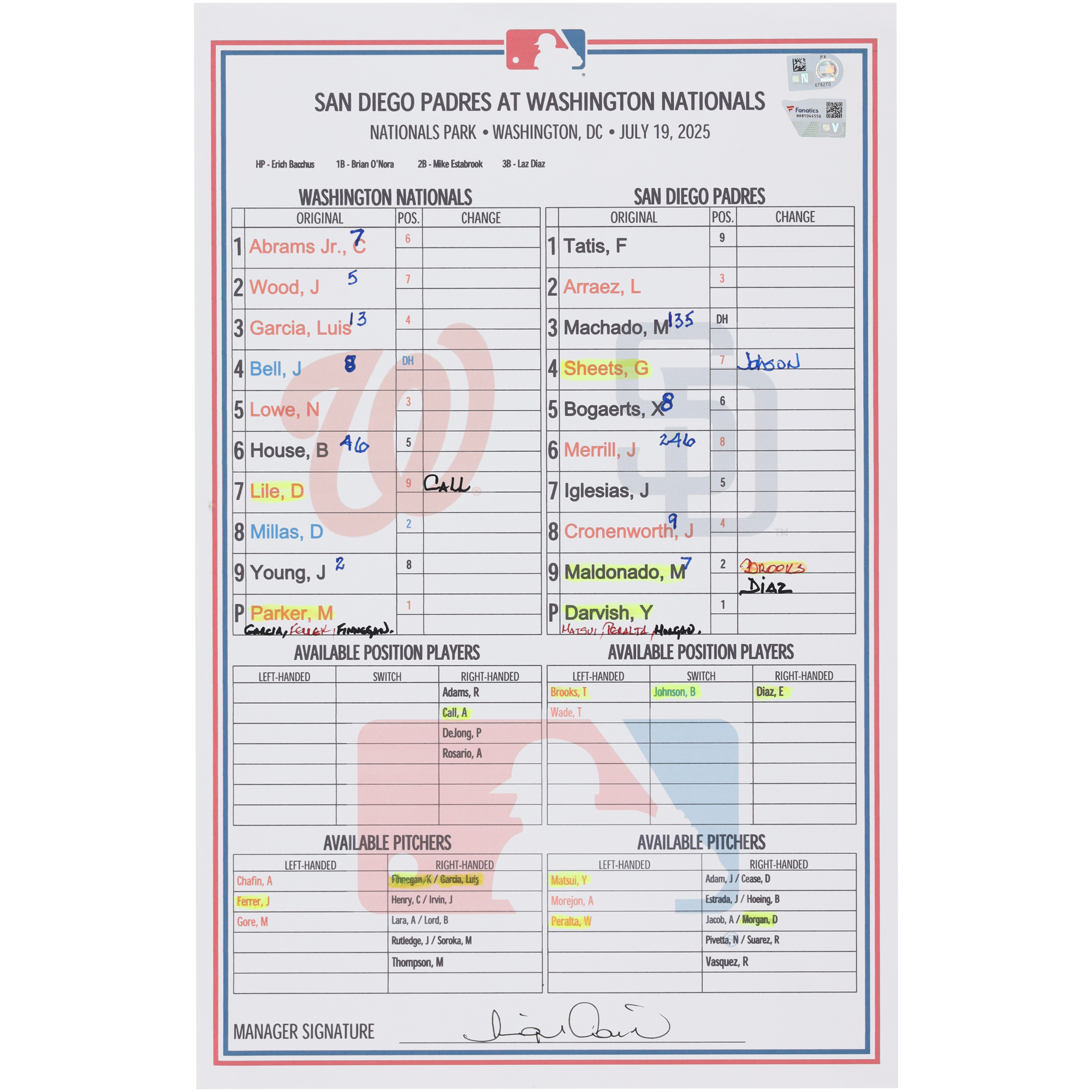 Washington Nationals Game-Used Lineup Card vs. San Diego Padres on July 19, 2025
