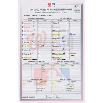 Washington Nationals Game-Used Lineup Card vs. San Diego Padres on July 19, 2025