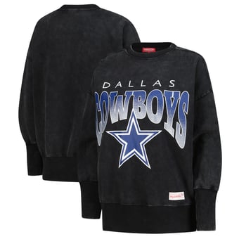 Women's Mitchell & Ness  Black Dallas Cowboys Delineate Mineral Wash Crewneck Sweatshirt