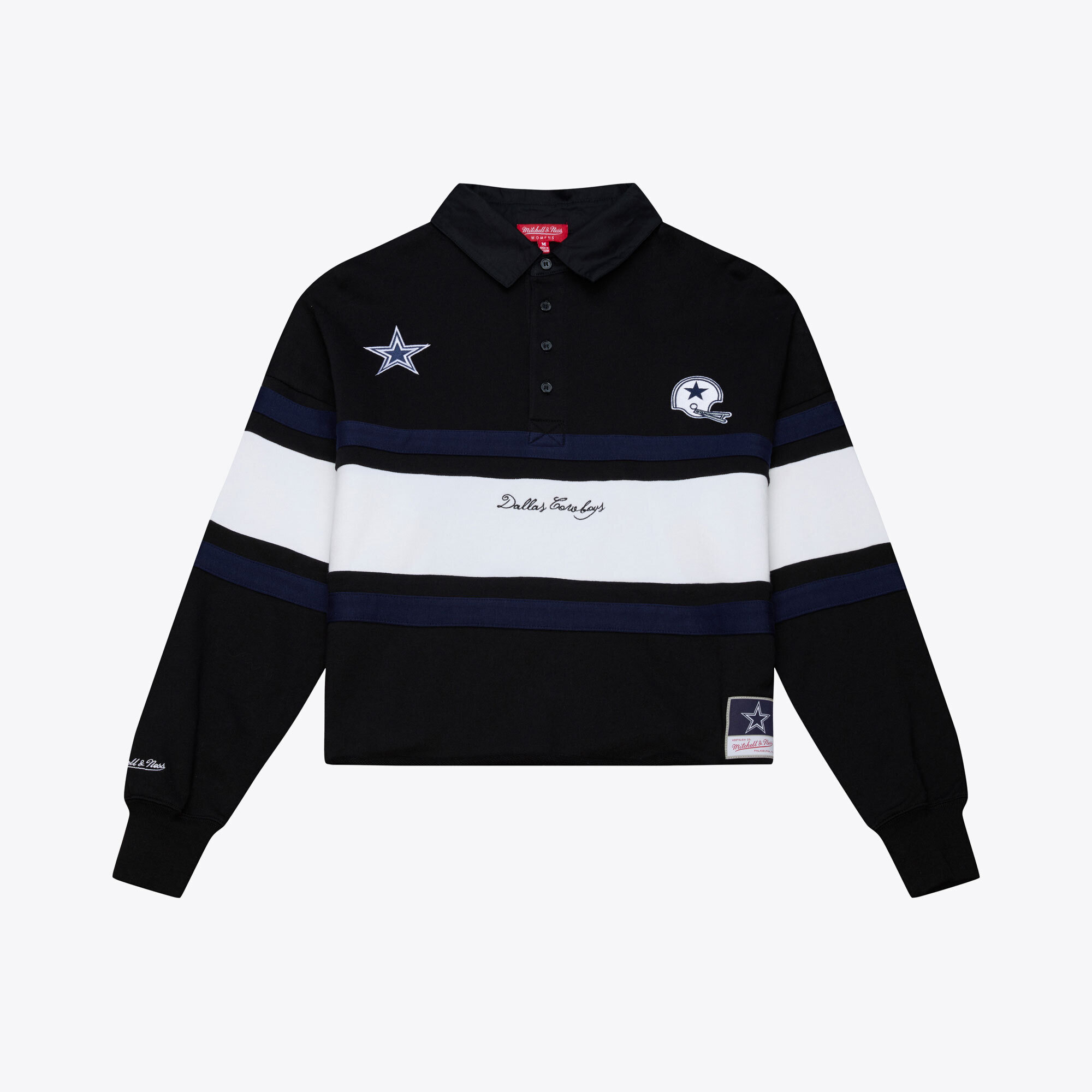 Women's Mitchell & Ness Black Dallas Cowboys Cropped Long Sleeve Rugby Polo