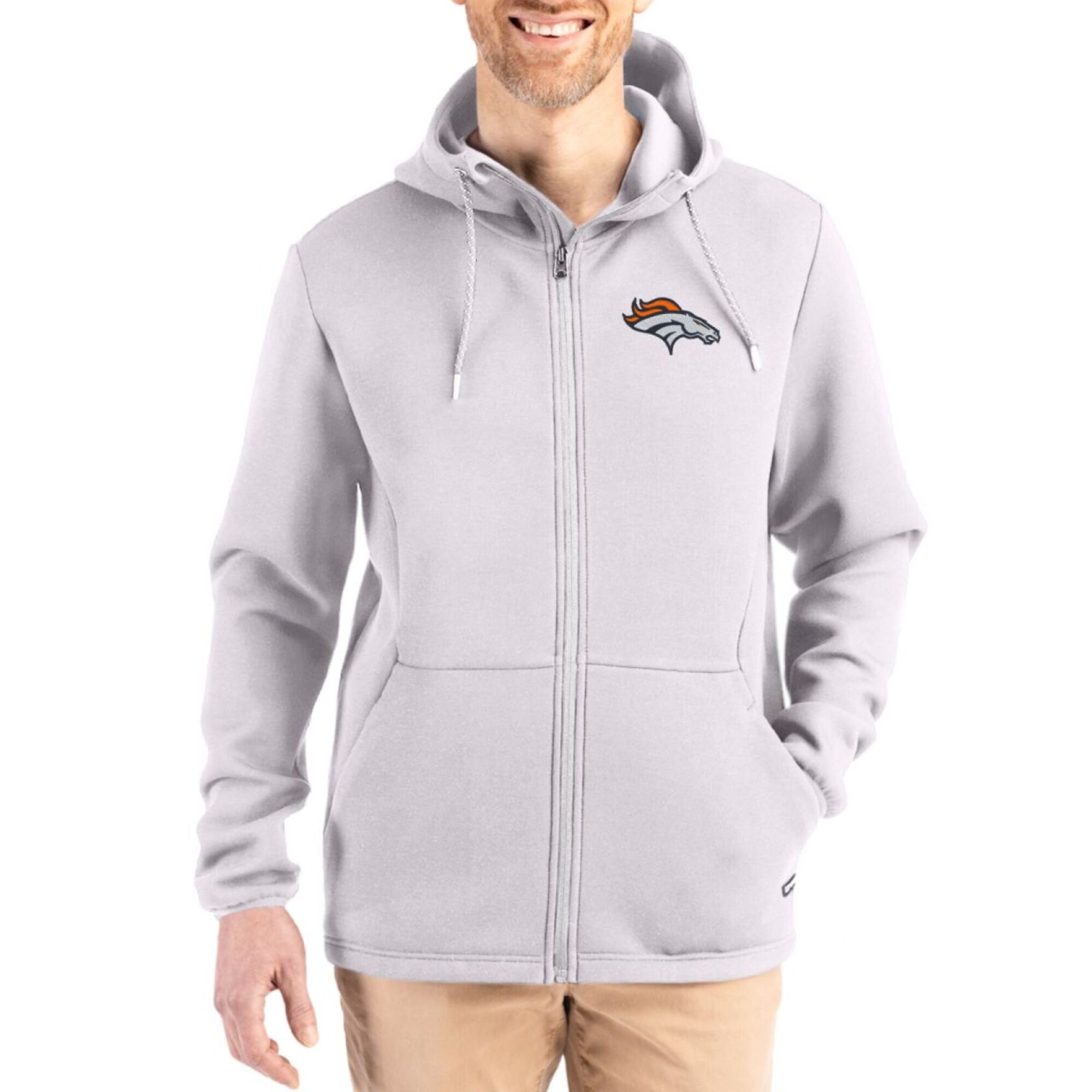 Men's Cutter & Buck Gray Denver Broncos Roam Epic Comfort Recycled Full-Zip Hoodie Jacket