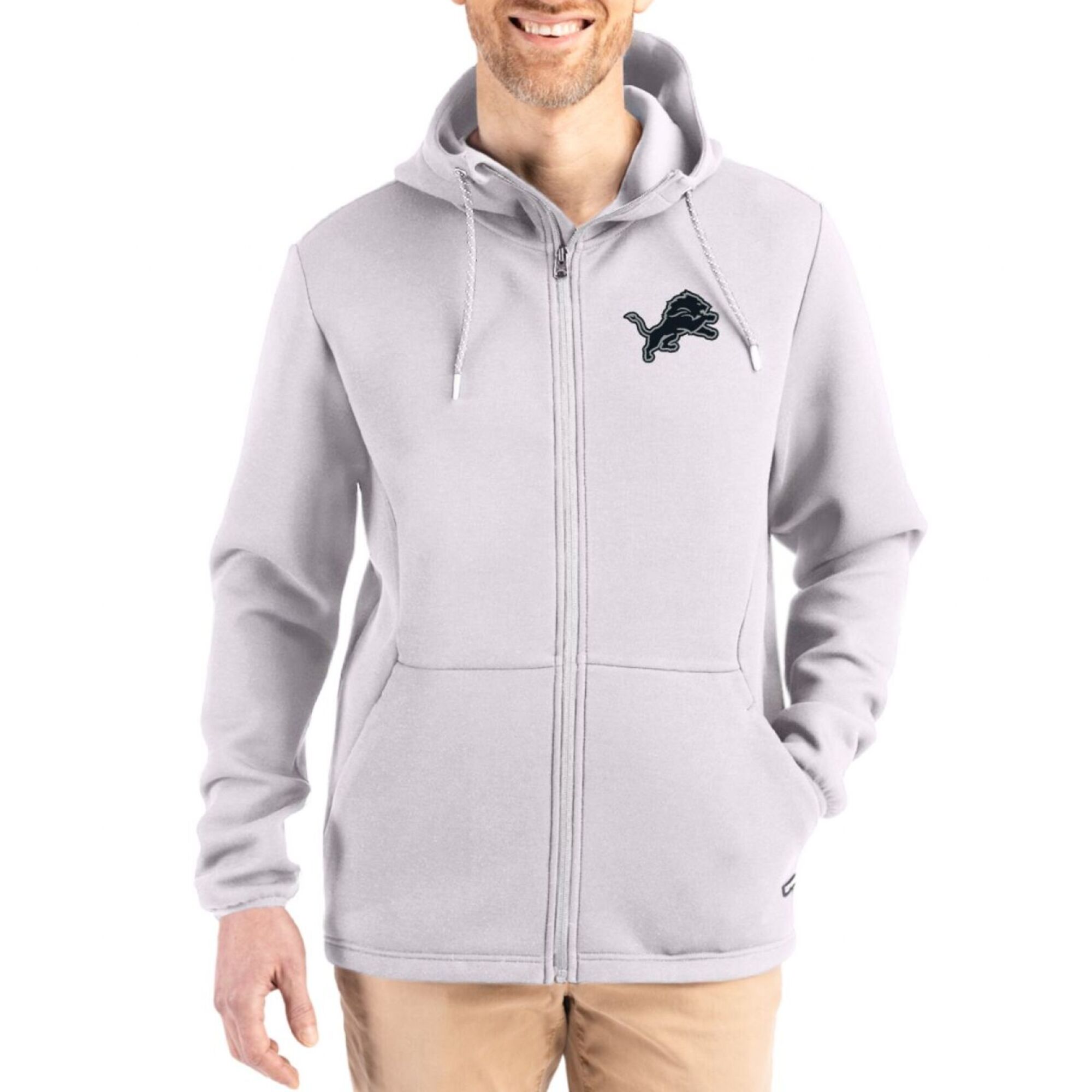 Men's Cutter & Buck Gray Detroit Lions Roam Epic Comfort Recycled Full-Zip Hoodie Jacket