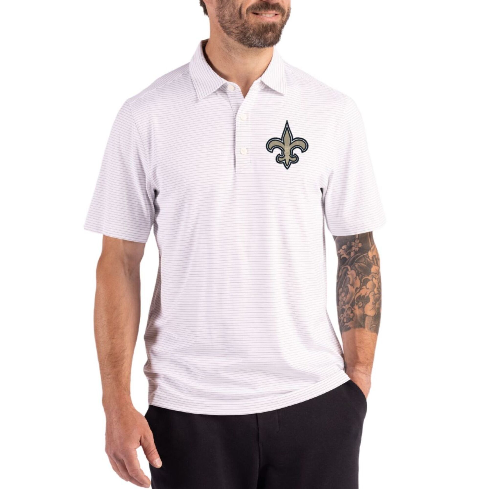 Men's Cutter & Buck White New Orleans Saints Forge Epic Confidence Fine Line Stripe Stretch Recycled Polo