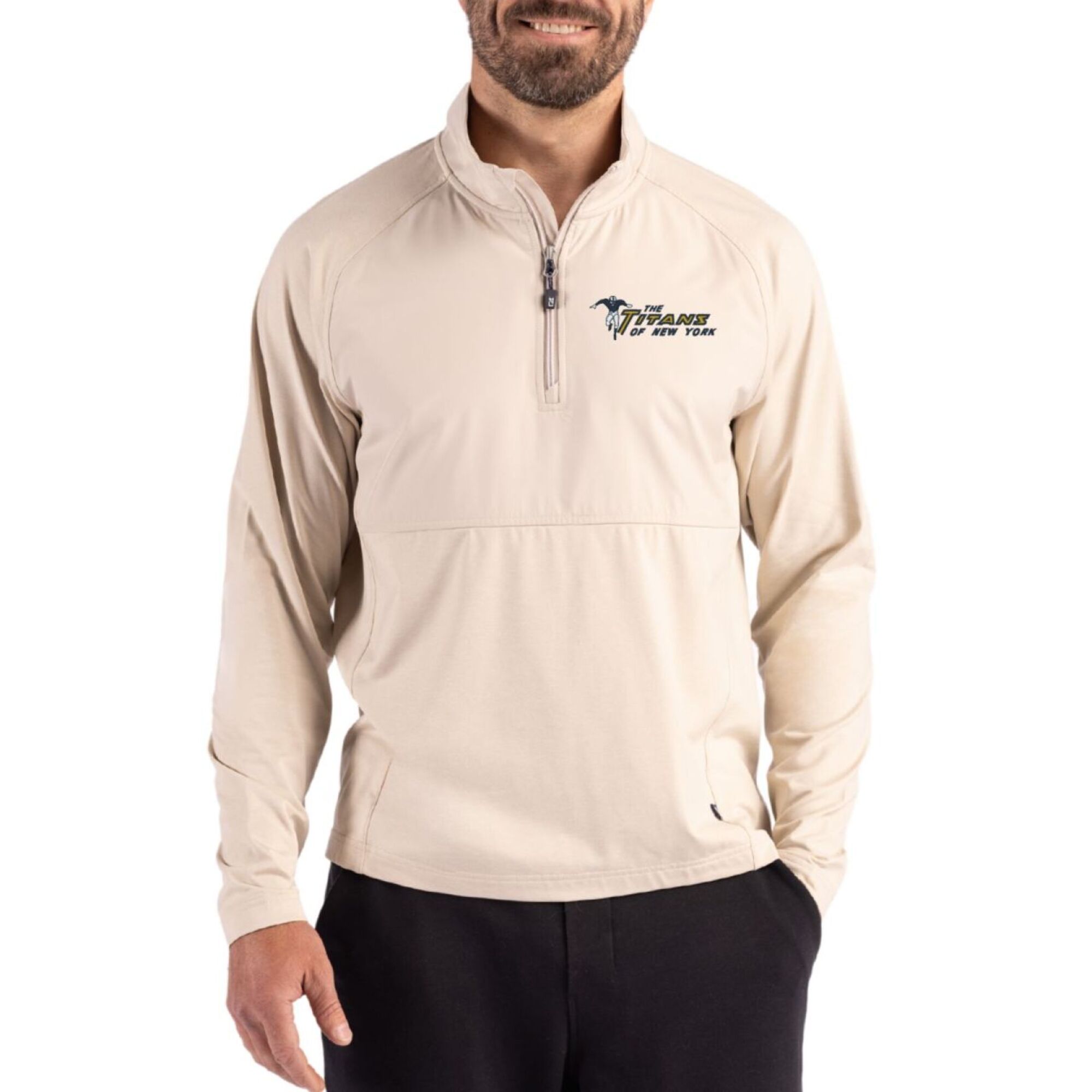Men's Cutter & Buck Light Brown New York Jets Adapt Eco Knit Hybrid Recycled Quarter-Zip Jacket